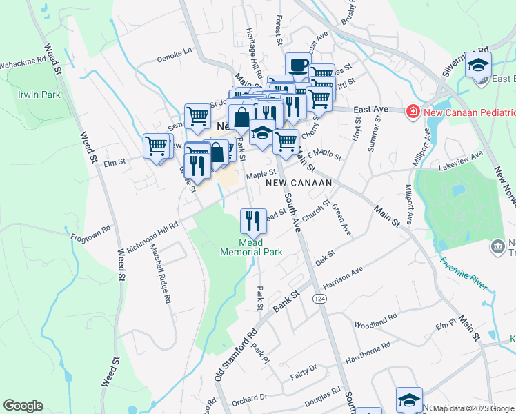 map of restaurants, bars, coffee shops, grocery stores, and more near 160-180 Park Street in New Canaan