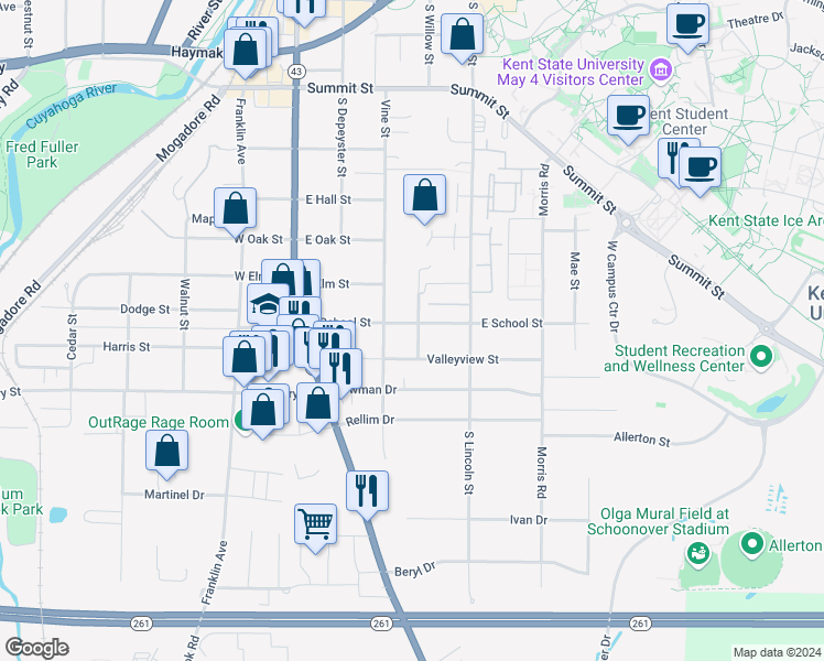map of restaurants, bars, coffee shops, grocery stores, and more near 317 East School Street in Kent