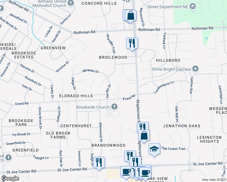 map of restaurants, bars, coffee shops, grocery stores, and more near 6808 Del Rio Dr in Fort Wayne
