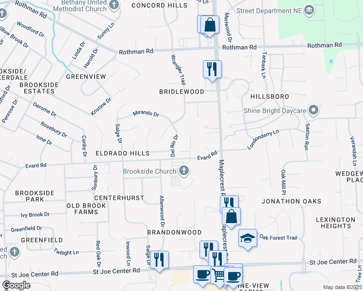 map of restaurants, bars, coffee shops, grocery stores, and more near 6808 Del Rio Dr in Fort Wayne