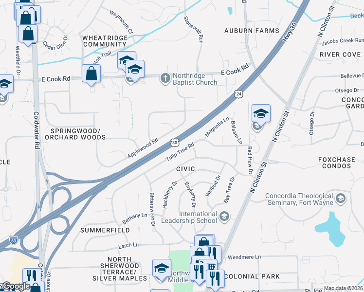map of restaurants, bars, coffee shops, grocery stores, and more near Highway 24 in Fort Wayne