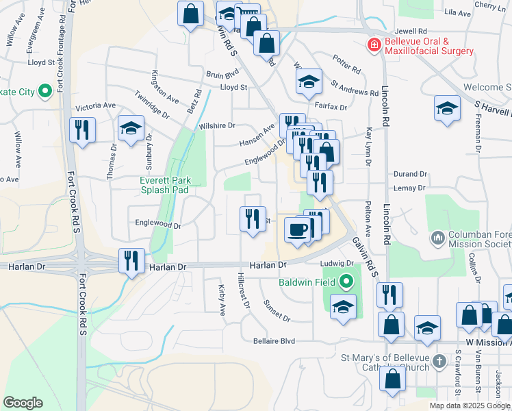 map of restaurants, bars, coffee shops, grocery stores, and more near 1802 Wall Street in Bellevue