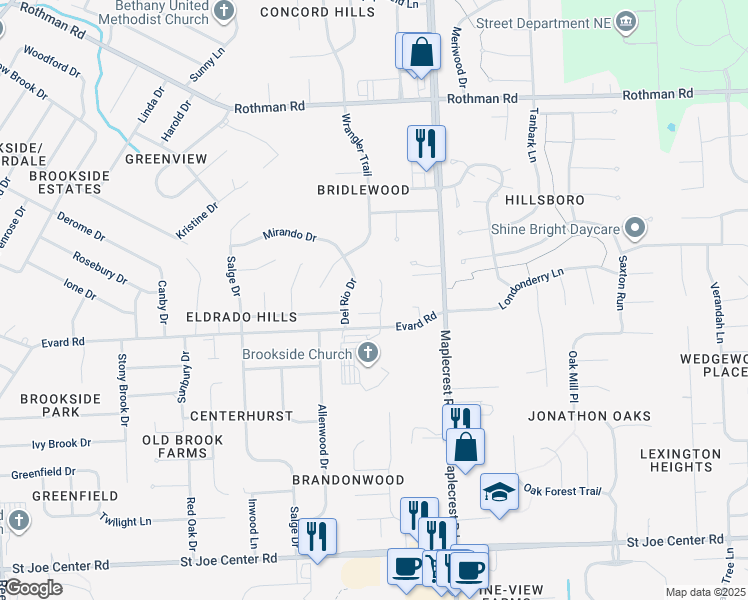 map of restaurants, bars, coffee shops, grocery stores, and more near 6031 Evard Road in Fort Wayne