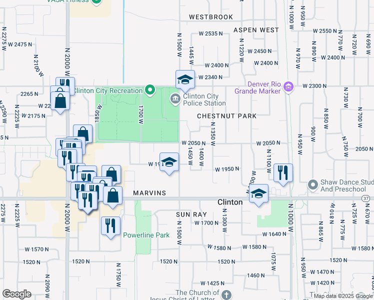 map of restaurants, bars, coffee shops, grocery stores, and more near 2054 North 1500 West in Clinton