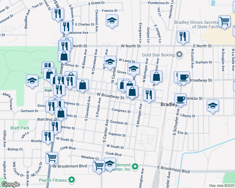 map of restaurants, bars, coffee shops, grocery stores, and more near 521 West Broadway Street in Bradley