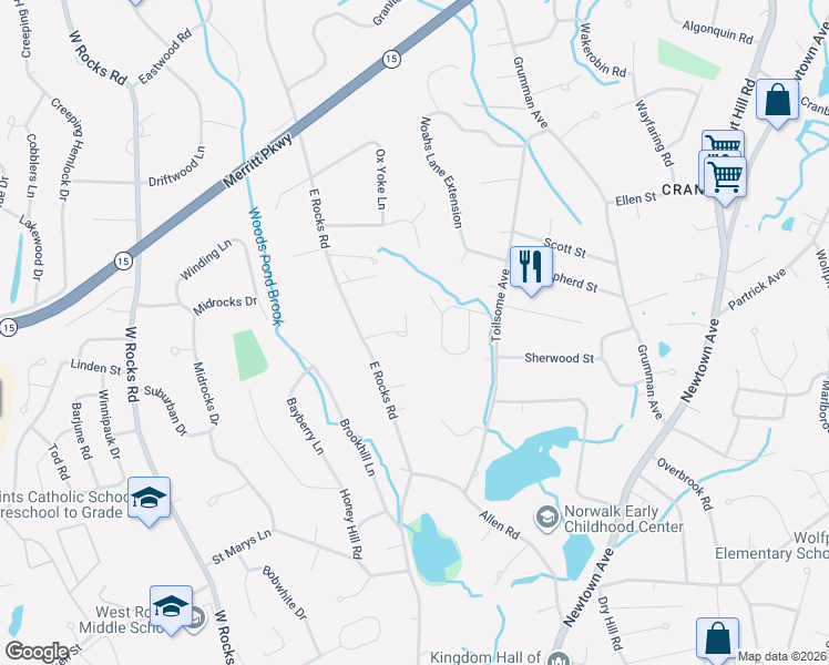 map of restaurants, bars, coffee shops, grocery stores, and more near 154 East Rocks Road in Norwalk