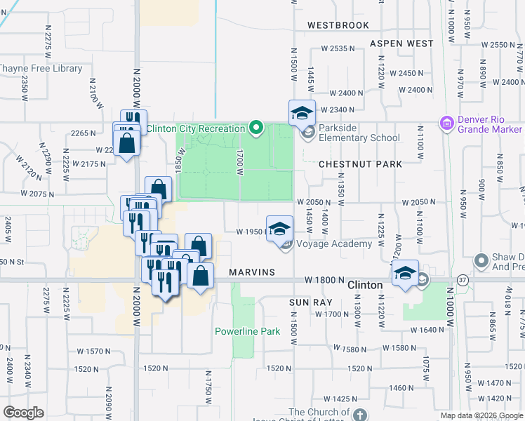 map of restaurants, bars, coffee shops, grocery stores, and more near 2026 North 1615 West in Clinton