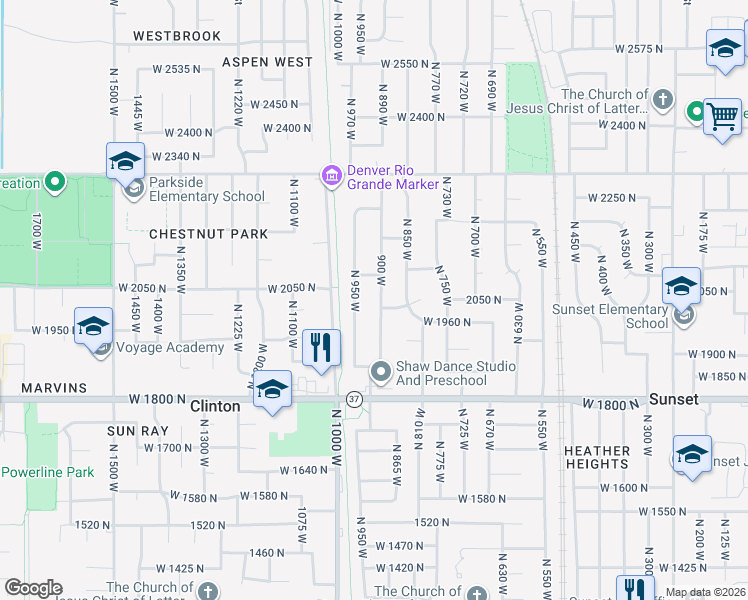 map of restaurants, bars, coffee shops, grocery stores, and more near 2017 North 900 West in Clinton