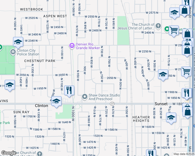 map of restaurants, bars, coffee shops, grocery stores, and more near 789 West 2005 North in Clinton