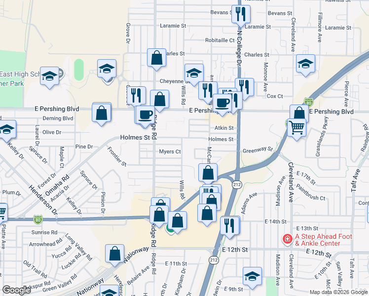 map of restaurants, bars, coffee shops, grocery stores, and more near 2401-2645 Wills Rd in Cheyenne