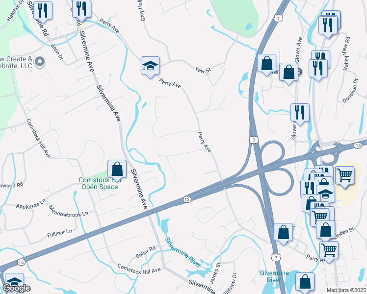 map of restaurants, bars, coffee shops, grocery stores, and more near 117 Perry Avenue in Norwalk