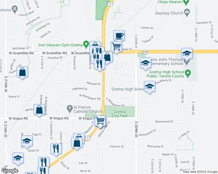 map of restaurants, bars, coffee shops, grocery stores, and more near 506 Chestnut Drive in Gretna