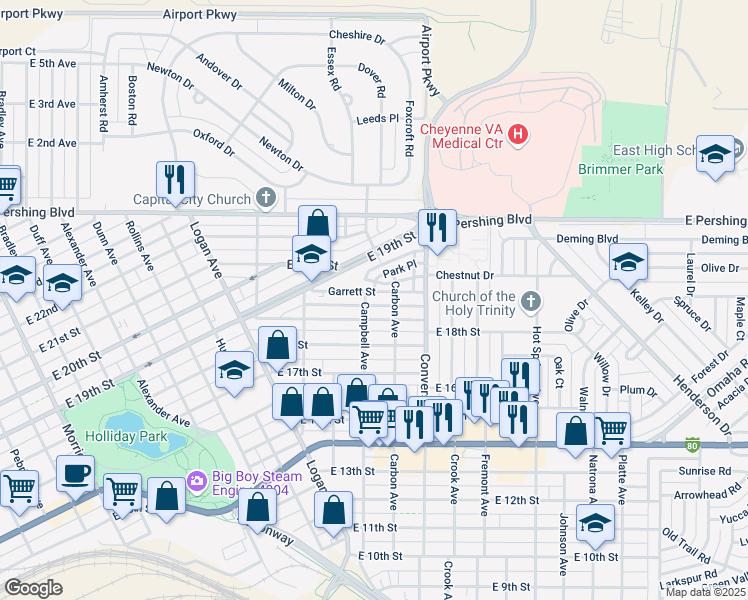 map of restaurants, bars, coffee shops, grocery stores, and more near 1954 Garrett Street in Cheyenne