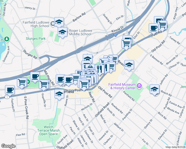 map of restaurants, bars, coffee shops, grocery stores, and more near 78 Unquowa Place in Fairfield