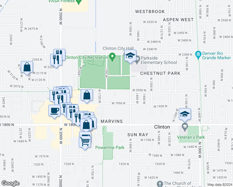 map of restaurants, bars, coffee shops, grocery stores, and more near 2026 North 1615 West in Clinton