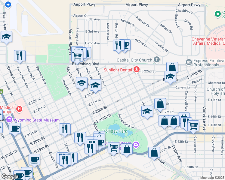map of restaurants, bars, coffee shops, grocery stores, and more near 1315 East 22nd Street in Cheyenne