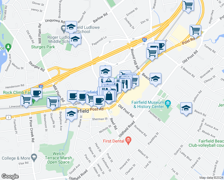 map of restaurants, bars, coffee shops, grocery stores, and more near 78 Unquowa Place in Fairfield