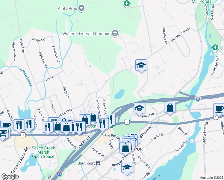 map of restaurants, bars, coffee shops, grocery stores, and more near 981 Mill Hill Terrace in Fairfield