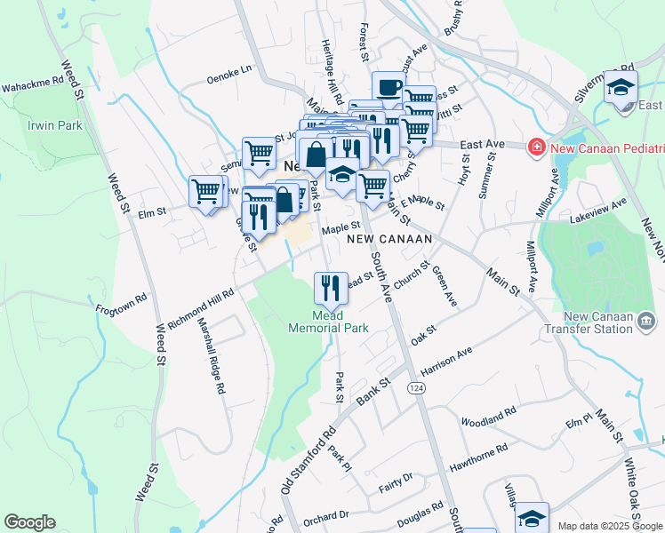 map of restaurants, bars, coffee shops, grocery stores, and more near 160-180 Park Street in New Canaan