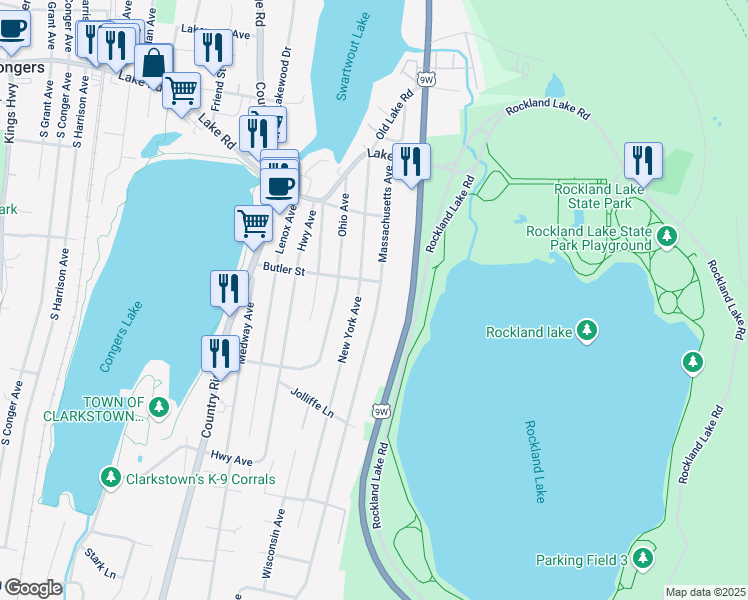 map of restaurants, bars, coffee shops, grocery stores, and more near 63 New York Avenue in Congers