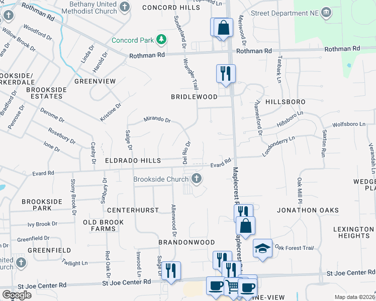 map of restaurants, bars, coffee shops, grocery stores, and more near 6808 Del Rio Drive in Fort Wayne