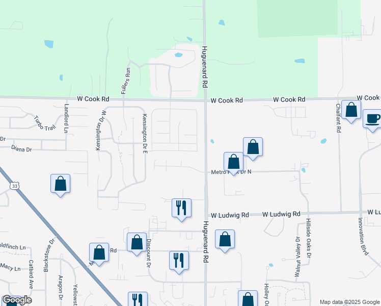map of restaurants, bars, coffee shops, grocery stores, and more near 3870 Haslemere Way in Fort Wayne