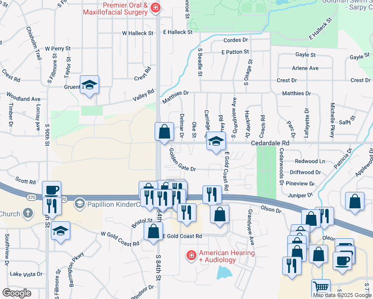 map of restaurants, bars, coffee shops, grocery stores, and more near 1129 Delmar Drive in Papillion
