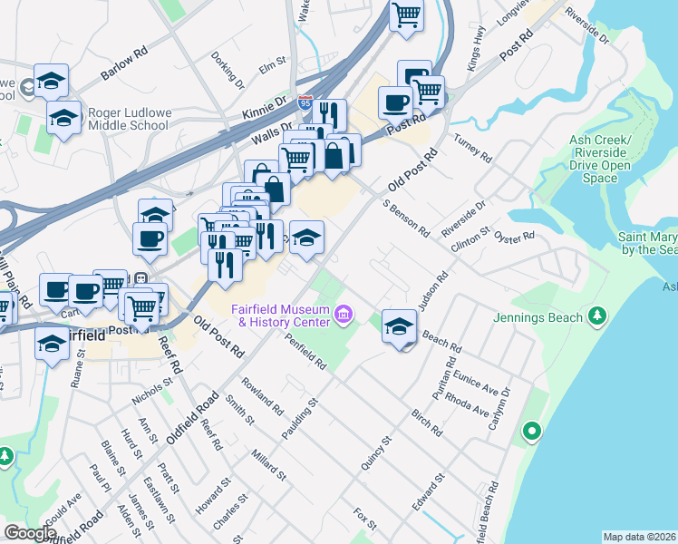 map of restaurants, bars, coffee shops, grocery stores, and more near 556 Old Post Road in Fairfield