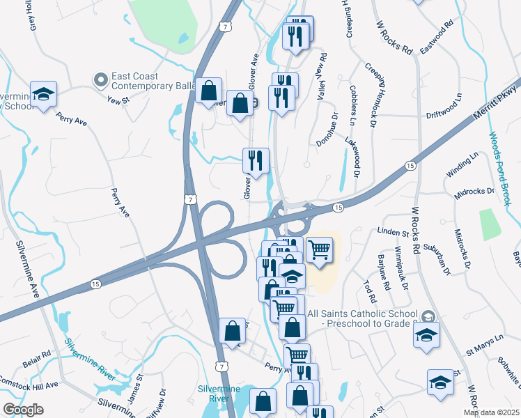 map of restaurants, bars, coffee shops, grocery stores, and more near 1 Glover Avenue in Norwalk