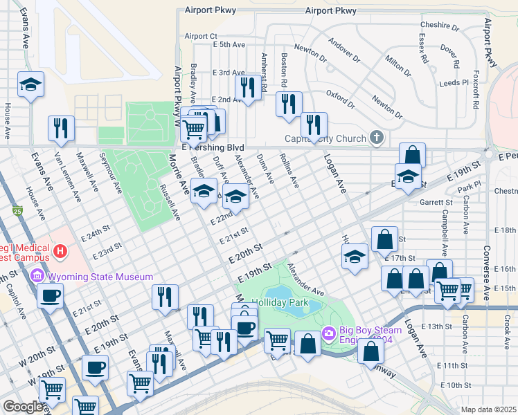 map of restaurants, bars, coffee shops, grocery stores, and more near 2116 Alexander Avenue in Cheyenne