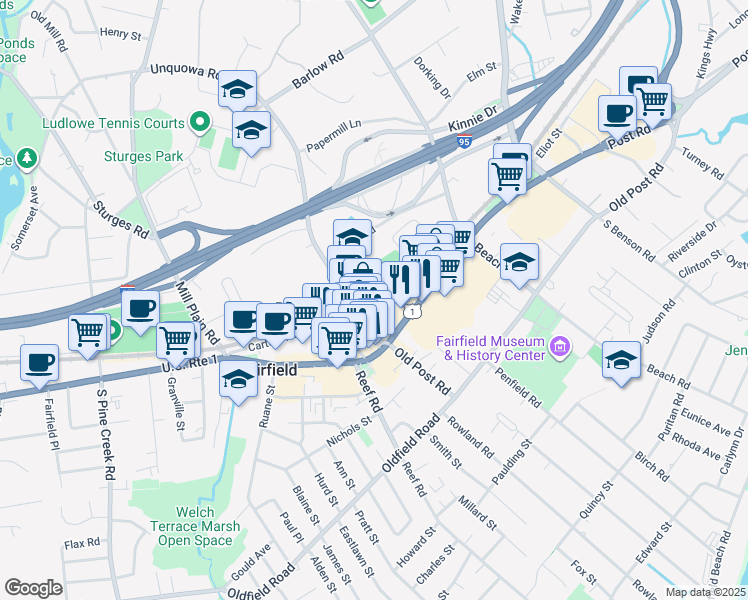 map of restaurants, bars, coffee shops, grocery stores, and more near 78 Unquowa Place in Fairfield