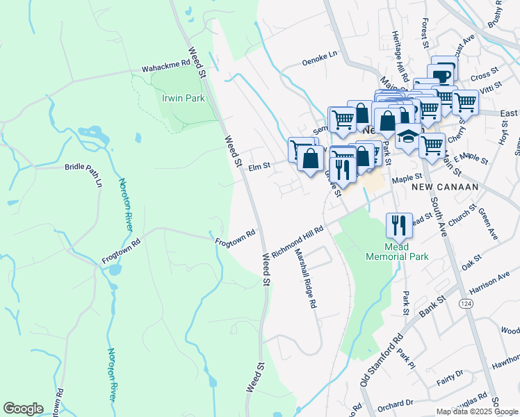 map of restaurants, bars, coffee shops, grocery stores, and more near 681 Weed Street in New Canaan