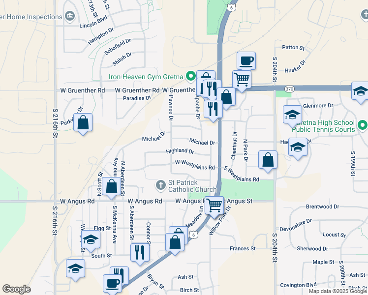 map of restaurants, bars, coffee shops, grocery stores, and more near 330 Highland Drive in Gretna