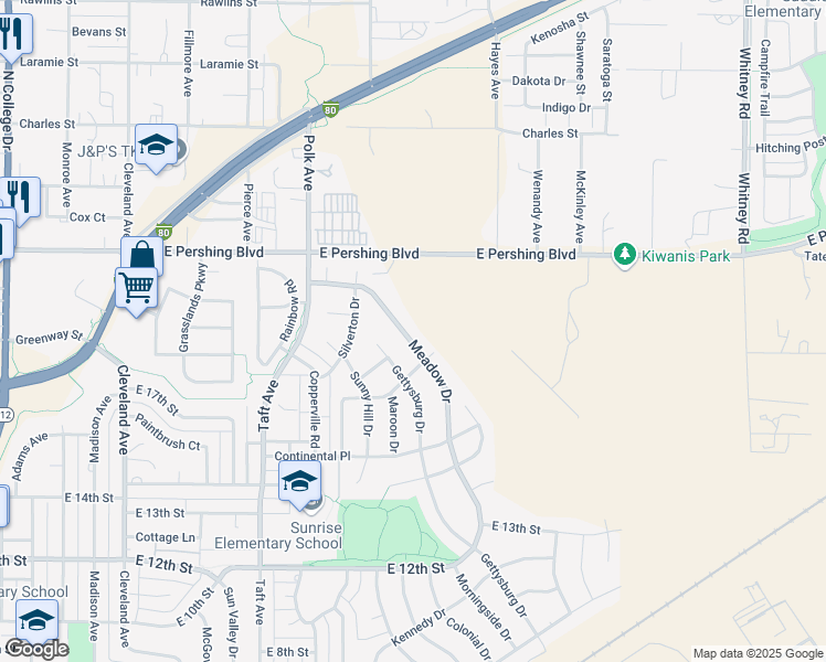 map of restaurants, bars, coffee shops, grocery stores, and more near 1927 Meadow Drive in Cheyenne