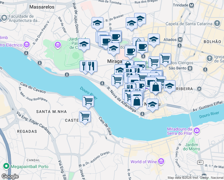 map of restaurants, bars, coffee shops, grocery stores, and more near Rua de Miragaia in Porto