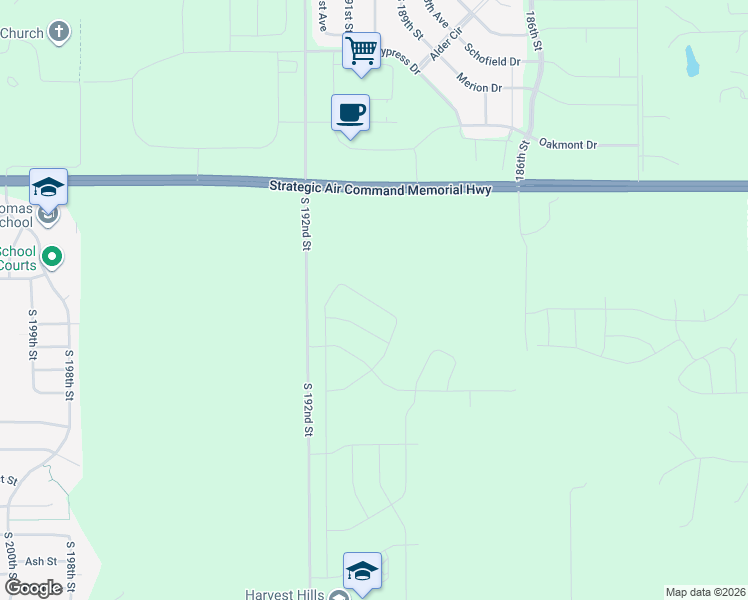 map of restaurants, bars, coffee shops, grocery stores, and more near 19026 Hackberry Drive in Gretna