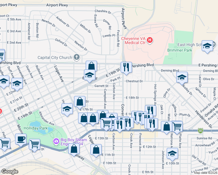 map of restaurants, bars, coffee shops, grocery stores, and more near 1854 Carbon Avenue in Cheyenne