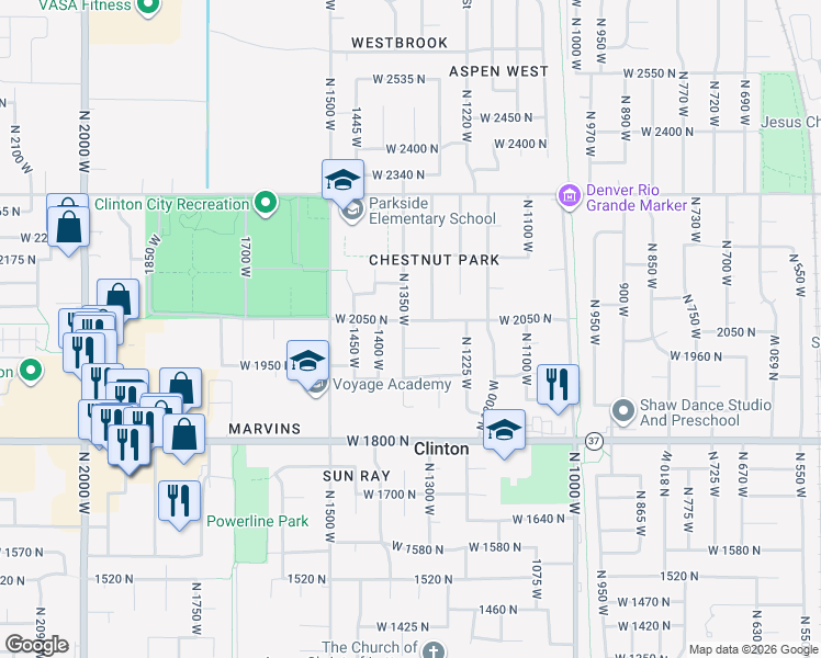 map of restaurants, bars, coffee shops, grocery stores, and more near 1337 West 2050 North in Clinton