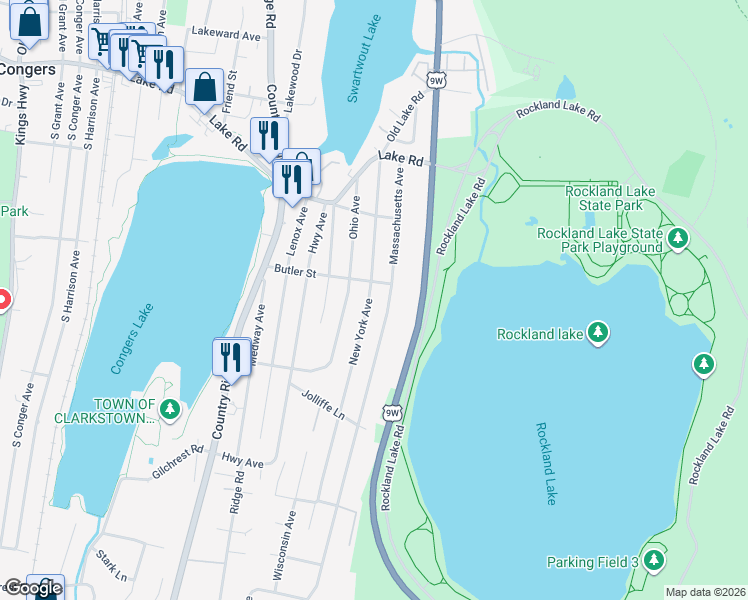 map of restaurants, bars, coffee shops, grocery stores, and more near 63 New York Avenue in Congers