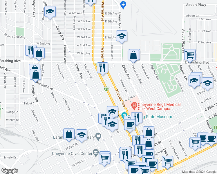 map of restaurants, bars, coffee shops, grocery stores, and more near 106 East 27th Street in Cheyenne