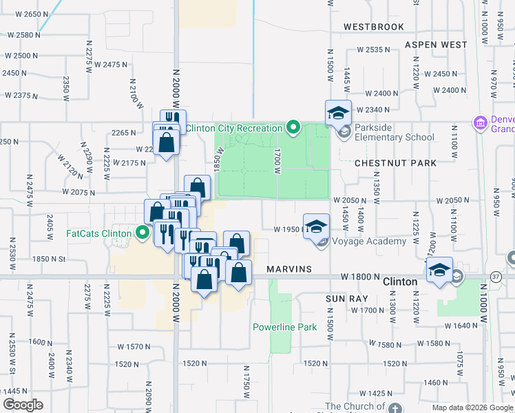 map of restaurants, bars, coffee shops, grocery stores, and more near 2029 North 1720 West in Clinton