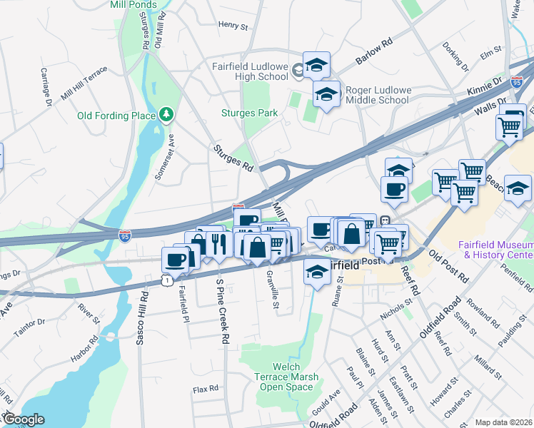 map of restaurants, bars, coffee shops, grocery stores, and more near 49 Redfield Road in Fairfield