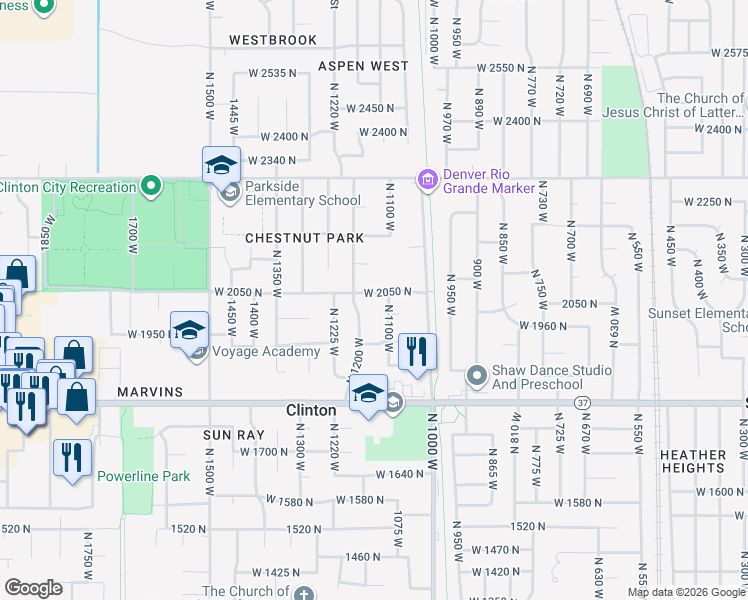 map of restaurants, bars, coffee shops, grocery stores, and more near 2068 North 1200 West in Clinton