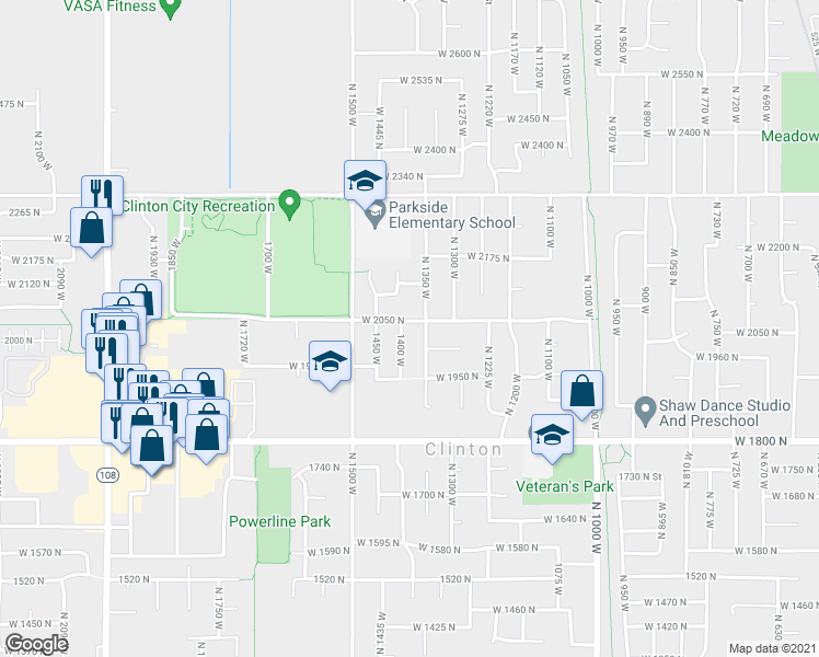 map of restaurants, bars, coffee shops, grocery stores, and more near 1408 West 2050 North in Clinton