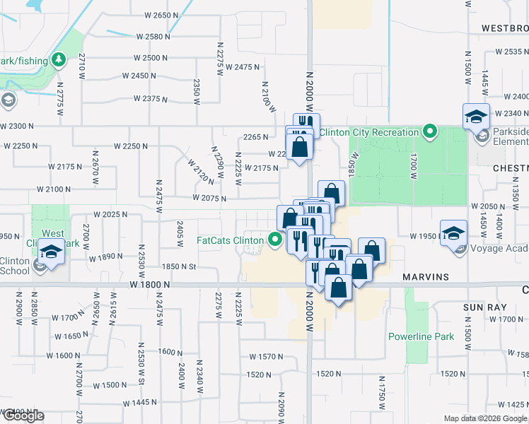 map of restaurants, bars, coffee shops, grocery stores, and more near 2105 West 2075 North in Clinton