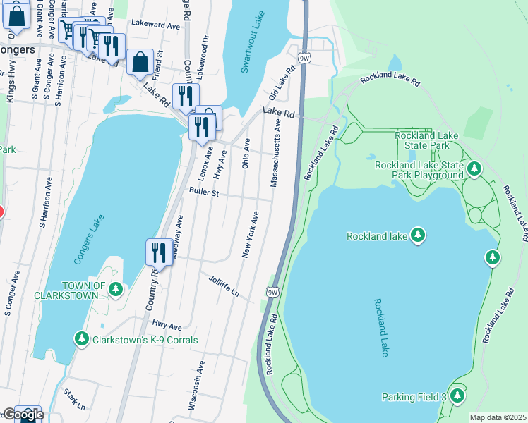 map of restaurants, bars, coffee shops, grocery stores, and more near 63 New York Avenue in Congers