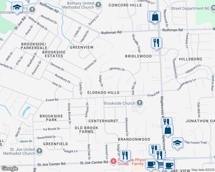 map of restaurants, bars, coffee shops, grocery stores, and more near 6633 Montecito Court in Fort Wayne