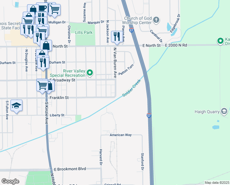 map of restaurants, bars, coffee shops, grocery stores, and more near 155 South Van Buren Avenue in Bradley