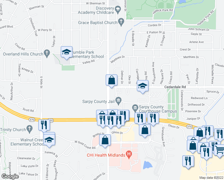 map of restaurants, bars, coffee shops, grocery stores, and more near 101 Cedardale Road in Papillion