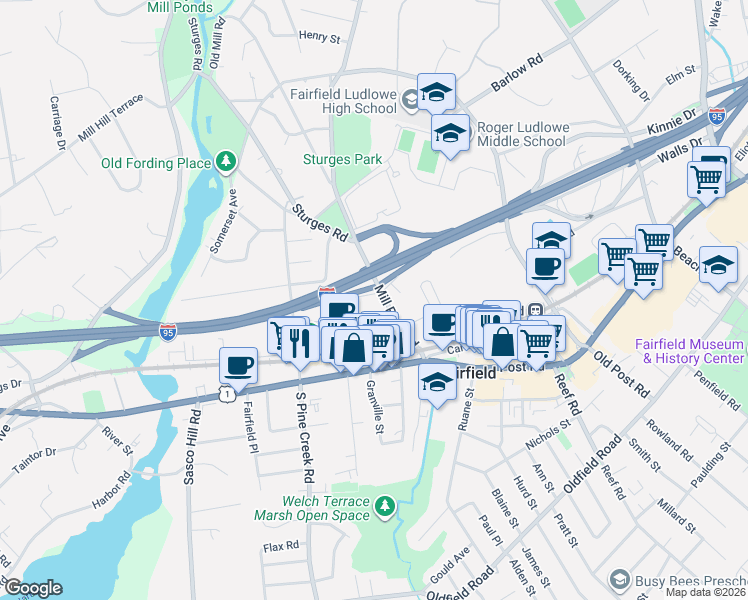 map of restaurants, bars, coffee shops, grocery stores, and more near 200 Mill Plain Road in Fairfield